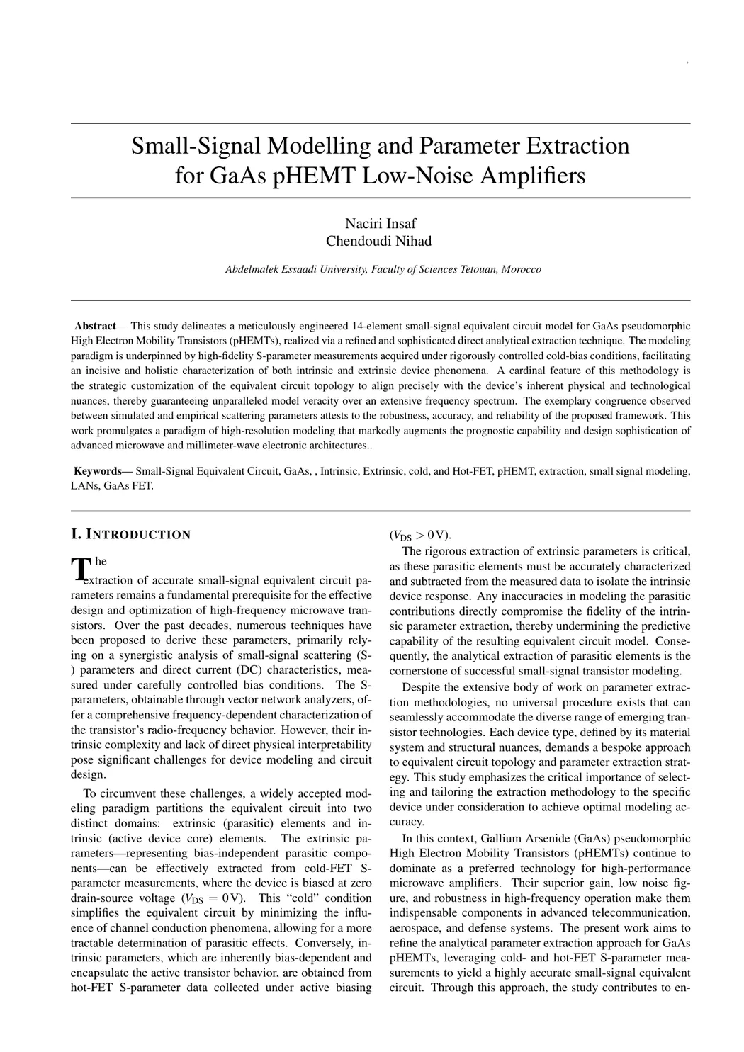 First page of the article Small-Signal Modelling and Parameter Extraction for GaAs pHEMT Low-Noise Amplifiers