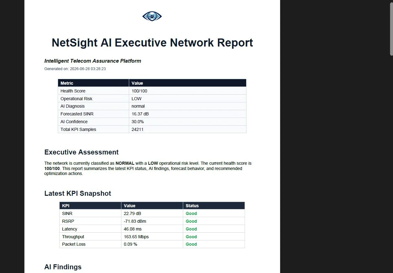 Generated NetSight AI executive network PDF report with network metrics and KPI assessment